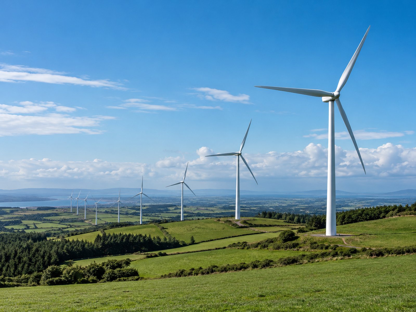 Wind turbines on green farmland under a blue sky